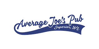 Logo for "Average Joe's Pub" in Superior, WI, featuring the name in blue cursive text with a swooping underline on a white background.