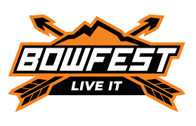 Logo for Bowfest featuring a stylized mountain, two crossed arrows, and bold text reading "BOWFEST" above a banner that says "LIVE IT," in orange, black, and white colors.