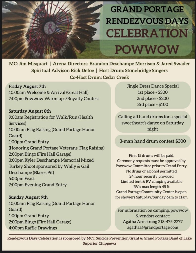 Flyer for the Grand Portage Rendezvous Days Celebration Powwow, August 8-9, 2015. Includes event schedule, prize info, and contacts. Arena Directors: Brandon Deschampe Morrison & Jared Swader. Co-host drum: Cedar Creek.