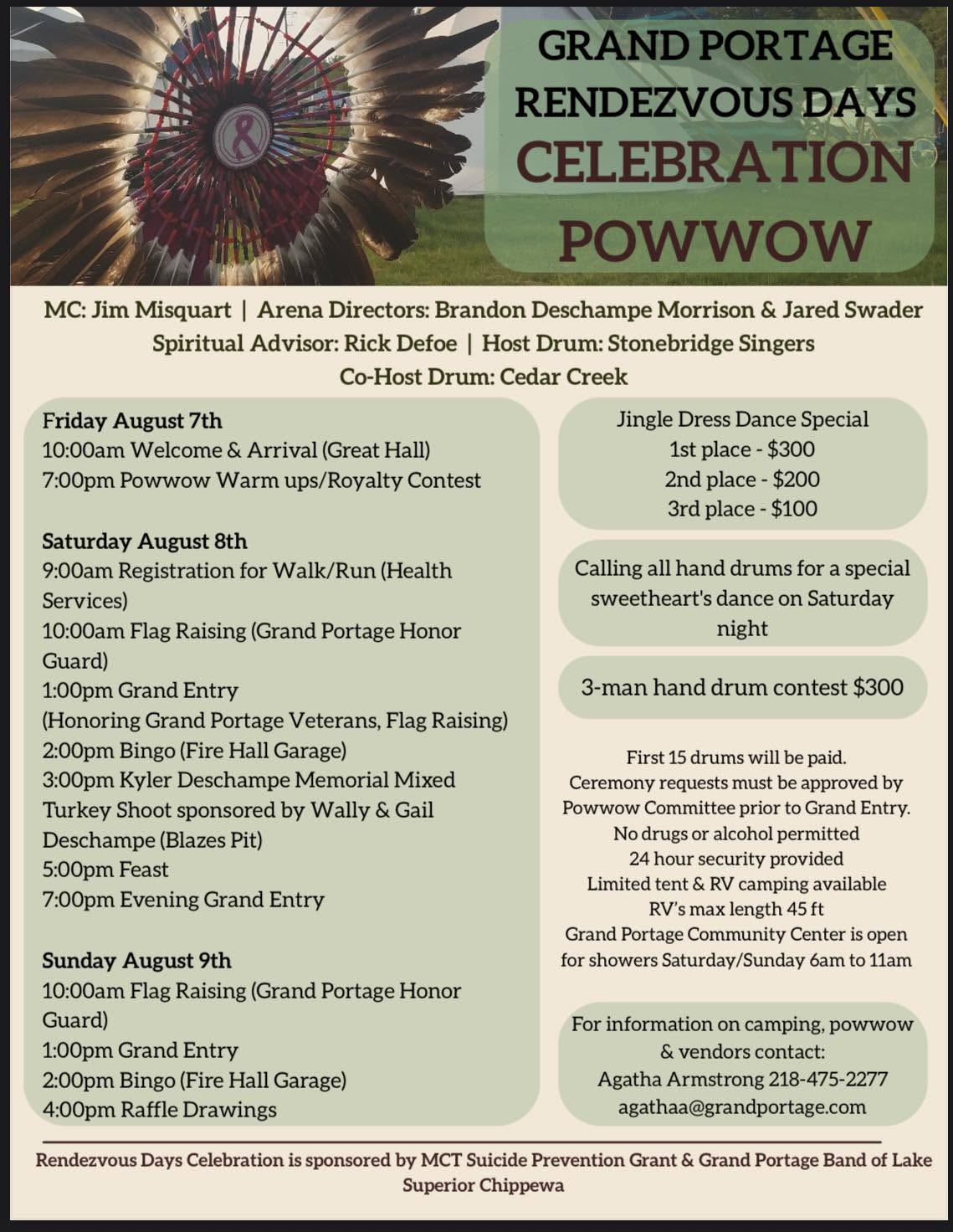 Flyer for the Grand Portage Rendezvous Days Celebration Powwow, August 8-9, 2015. Includes event schedule, prize info, and contacts. Arena Directors: Brandon Deschampe Morrison & Jared Swader. Co-host drum: Cedar Creek.
