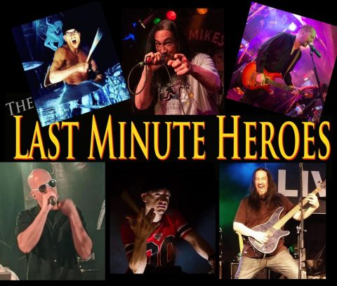 Collage of six musicians performing on stage, playing drums, singing, and playing guitar and bass. Bold yellow text in the center reads, "Last Minute Heroes" on a black background.