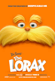 Bright orange character with a large yellow mustache and bushy eyebrows, peeking over the title "Dr. Seuss' The Lorax" on a vibrant orange background. Text above mentions "Despicable Me" creators.