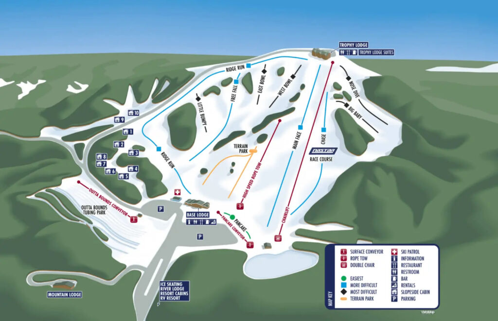 Mont du Lac map - A trail map from the showing multiple ski runs, chair lifts, terrain parks, and labeled areas like Trophy Lodge and Outer Limits. Runs are color-coded by difficulty with a key and lift symbols included.