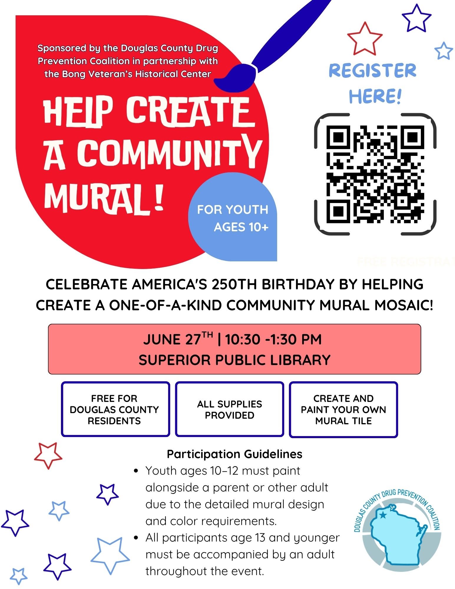 A colorful flyer invites youth ages 10+ to help create a community mural on June 27 at Superior Public Library. Info on free supplies, participation, and a QR code for registration are included.