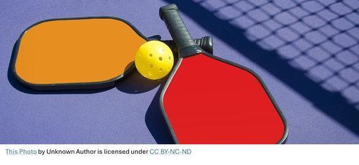 Two pickleball paddles, one orange and one red, lie on a purple court next to a yellow perforated pickleball. Shadows from a net are visible across the court.