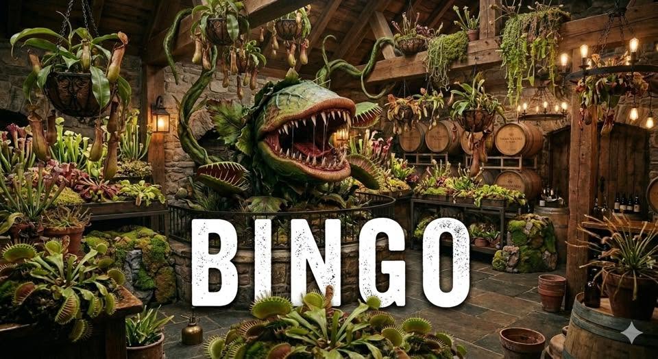 A large, menacing, animated carnivorous plant dominates a rustic room filled with various potted plants. Wooden barrels and shelves line the walls. The word "BINGO" is boldly displayed across the image.