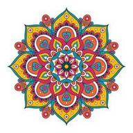 A colorful, symmetrical mandala design featuring vibrant patterns in red, yellow, blue, green, and orange, with intricate layers of petals and shapes radiating from the center on a white background.