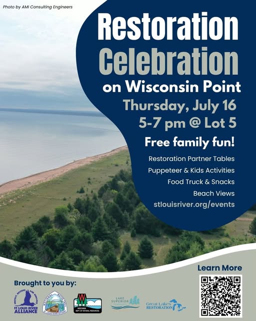 Event flyer for "Restoration Celebration on Wisconsin Point," July 16, 5-7 pm at Lot 5. Features beach image, event details, activities, and sponsor logos. Blue and green colors, with a web link for more information.