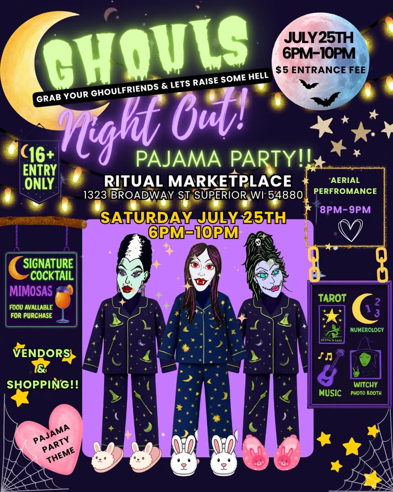 Colorful flyer for a ghoul-themed pajama party with illustrated ghouls in pajamas, event details, activities, drink specials, vendor info, and neon text on a dark background. Event is July 25th, 6-10 PM, 16+ entry only.