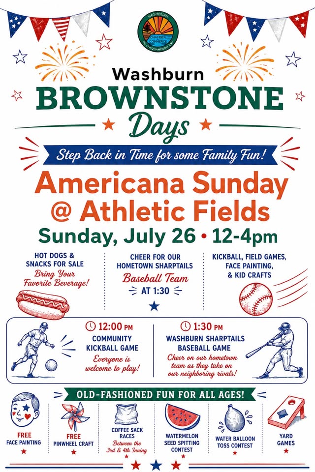 Colorful event flyer for Washburn Brownstone Days, promoting Americana Sunday at Athletic Fields on July 26, 12-4pm. Includes games, crafts, food, kickball, and family activities with vintage design elements and playful icons.