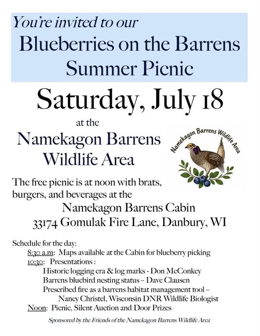 Flyer for “Blueberries on the Barrens Summer Picnic” on Saturday, July 18 at Namekagon Barrens Wildlife Area in Danbury, WI. Free picnic, presentations, and activities are listed, with an illustration of a bird and berries.
