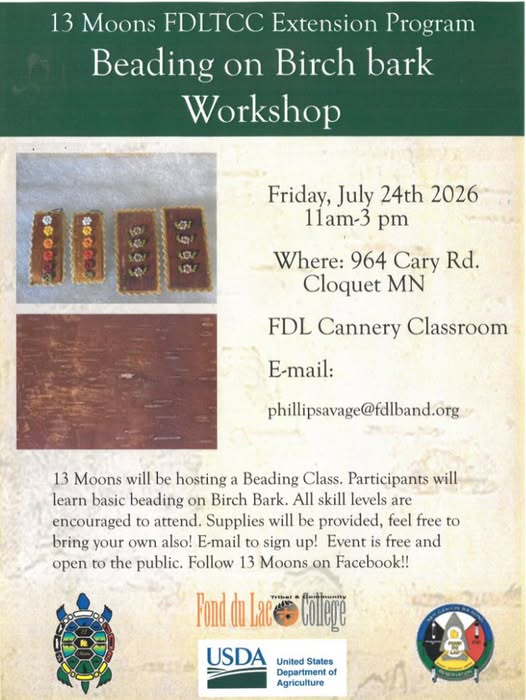 Flyer for a beading on birch bark workshop, with event details, beaded designs photo, and logos for 13 Moons, Fond du Lac Tribal and Community College, and the USDA.