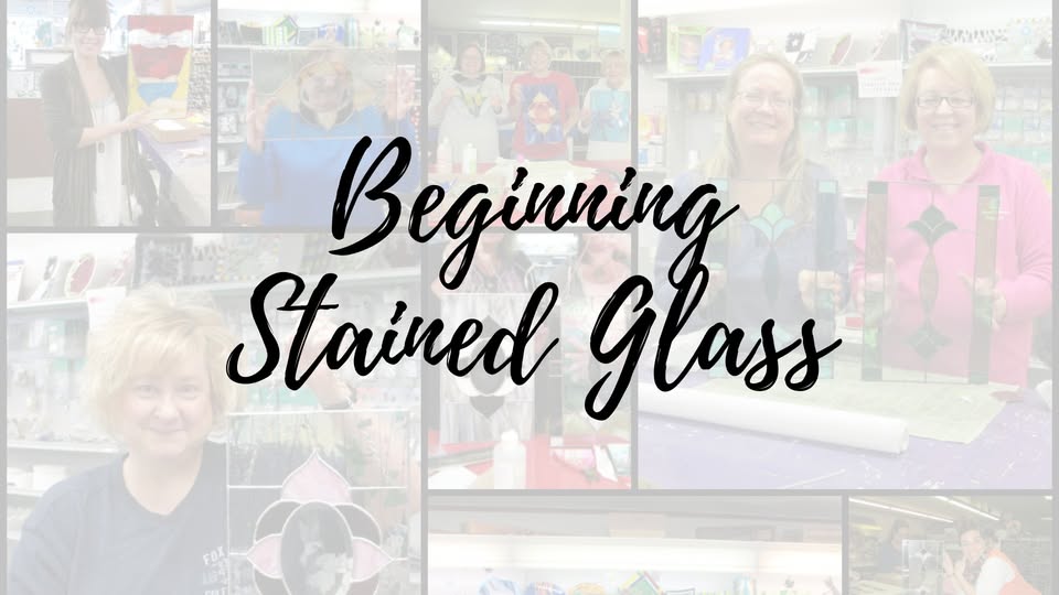 People display stained glass projects in a craft classroom. Large text in the center reads "Beginning Stained Glass." Various stained glass pieces and art supplies are visible in the background.