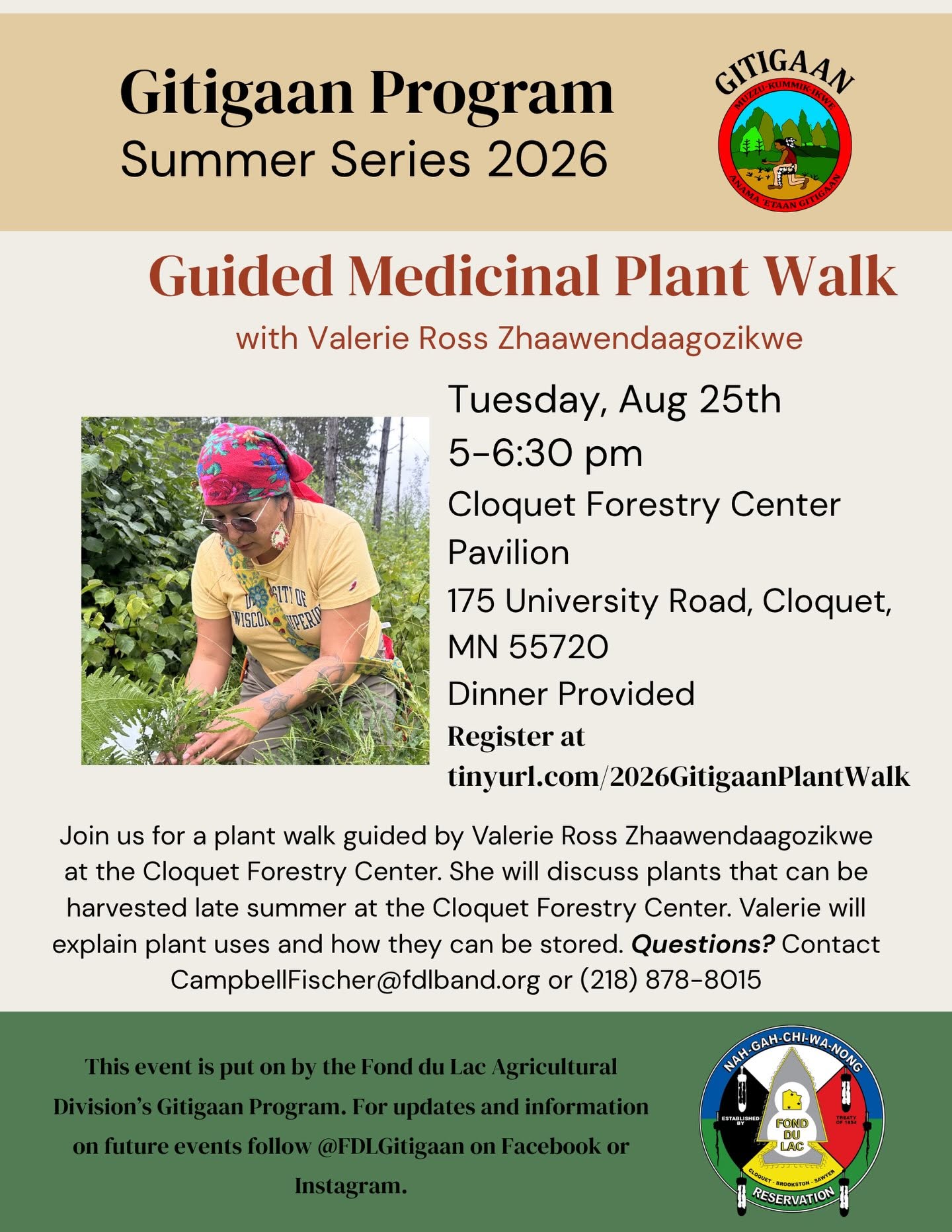 Flyer for a Guided Medicinal Plant Walk at Cloquet Forestry Center on Aug 25, 2026. Features speaker Valerie Ross, event details, registration link, dinner included, and logos for Gitigaan Program and sponsors.