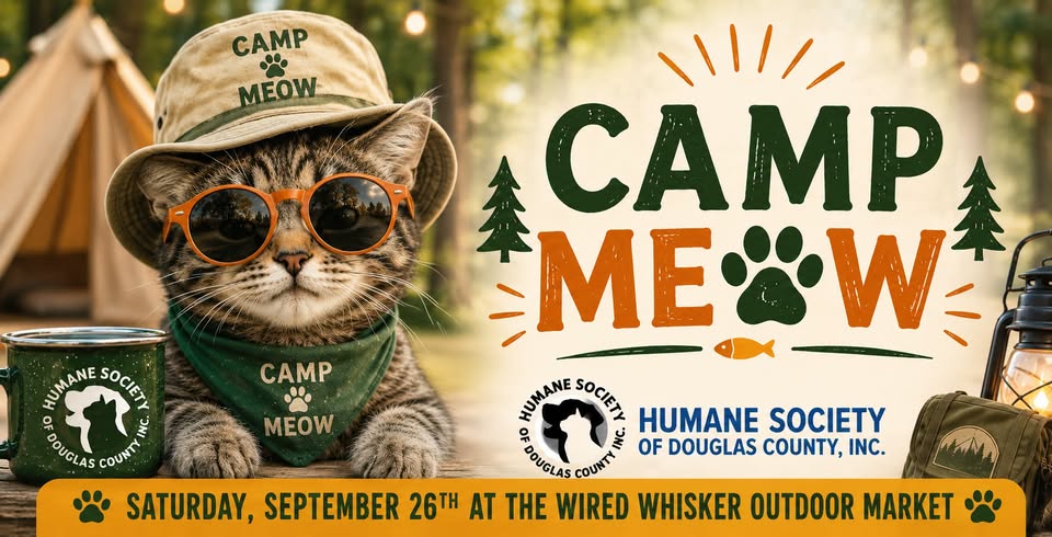 A cat wearing sunglasses, a hat, and a green scarf with "CAMP MEOW" text, sits beside camping gear. Event details: “Camp Meow” by the Humane Society of Douglas County. Date: Saturday, September 26th.