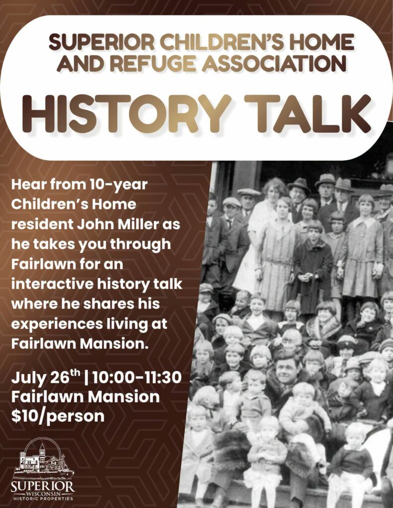 Flyer for "History Talk" at Fairlawn Mansion with historical photo of children and adults, event details, and description about a talk from a former children’s home resident.