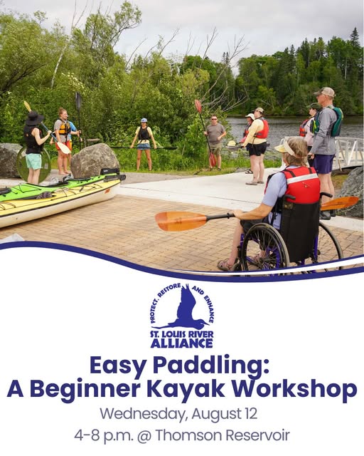 A group of people with kayaks listen to an instructor by a lake, surrounded by trees. Text reads: "Easy Paddling: A Beginner Kayak Workshop, Wednesday, August 12, 4–8 p.m. @ Thomson Reservoir.