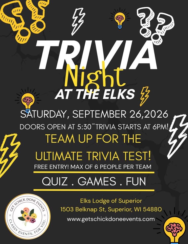 Trivia Night event flyer with yellow lightning bolts, brain icons, and event details for September 26, 2026, at Elks Lodge of Superior. Promotes teams, free entry, quiz, games, and fun.
