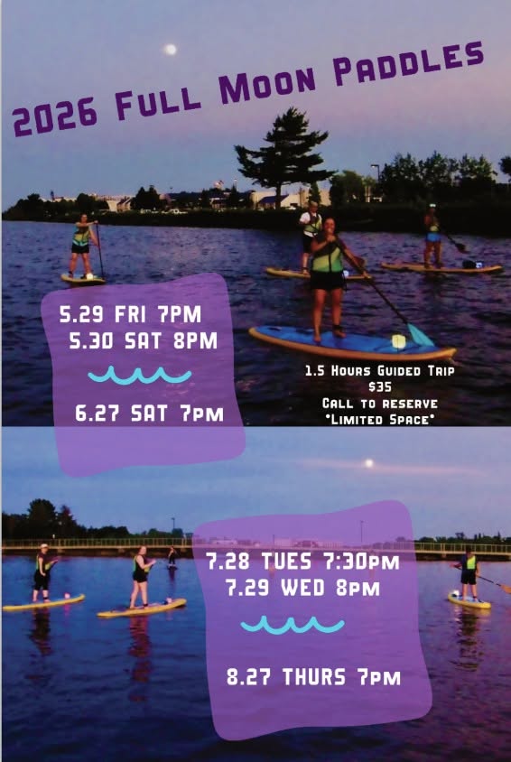 People paddleboarding on a lake at dusk under a full moon. Text lists "2026 Full Moon Paddles" with event dates, times, pricing, and instructions to call to reserve a spot for a 1.5-hour guided trip.