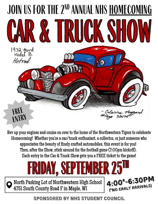 Cartoon drawing of a red vintage hot rod car with event details for the 2nd Annual NHS Homecoming Car & Truck Show on September 25th, 4-6:30pm, at Northwestern High School in Maple, WI. Free entry.