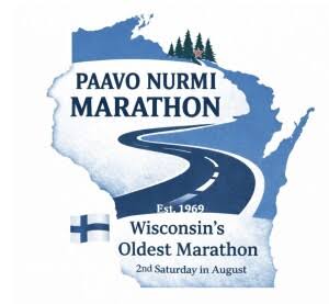 Logo with the outline of Wisconsin, a winding road, trees, and text: "Paavo Nurmi Marathon, Est. 1969, Wisconsin’s Oldest Marathon, 2nd Saturday in August," and a small Finnish flag.
