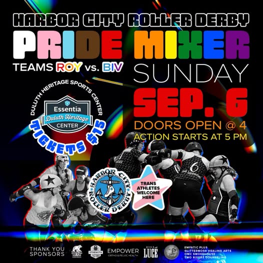Colorful poster for Harbor City Roller Derby Pride Mixer on Sunday, Sept. 6. Teams ROY vs. BIV. Doors open at 4 PM, action at 5 PM, tickets $15. Features images of skaters and a trans athletes welcome message.