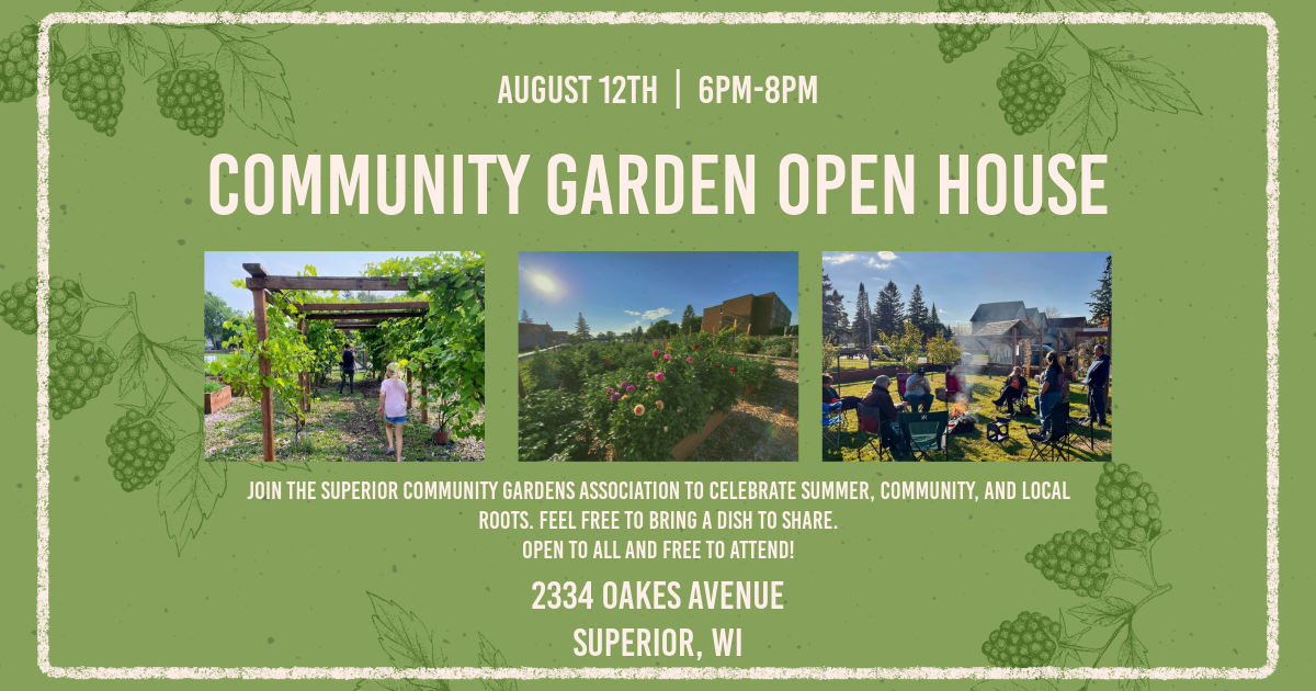 Green flyer for "Community Garden Open House" with event details, three photos of people in a garden, and grapevine graphics. Text includes date, time, location, and invitation to join, bring a dish, and enjoy the event.