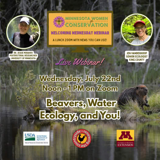 Webinar promo image with two women, Dr. Jessie Moravek and Jen Vanderhoof, smiling, a beaver by water, event details, and logos for USDA, Renewing the Countryside, and University of Minnesota Extension.