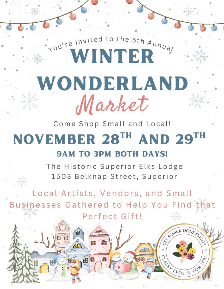 Winter Wonderland Market flyer with festive decorations, snow, cartoon houses, and children in winter clothing. Details include event dates, times, location, and a note about local artists, vendors, and small businesses.