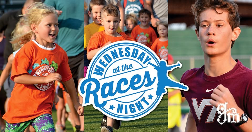 Three children are running at a race event. The center features a “Wednesday Night at the Races” logo. There are crowds and a field in the background.