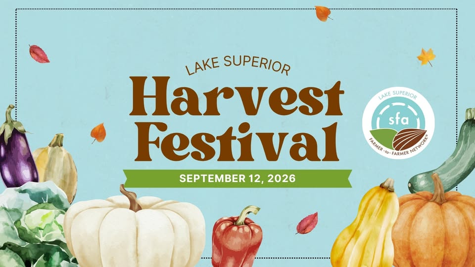 Poster for the Lake Superior Harvest Festival on September 12, 2026, with vegetables like pumpkins, squash, and pepper, falling leaves, and the SFA (Sustainable Farming Association) logo on a light blue background.