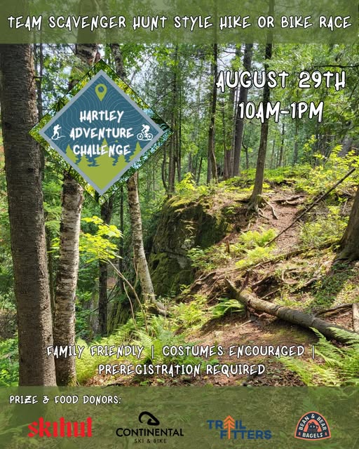 Event poster for the Hartley Adventure Challenge set in a forest, with event details about a team scavenger hunt hike or bike race on August 29th, 10AM-1PM. Includes sponsor logos and family-friendly, costumes encouraged text.
