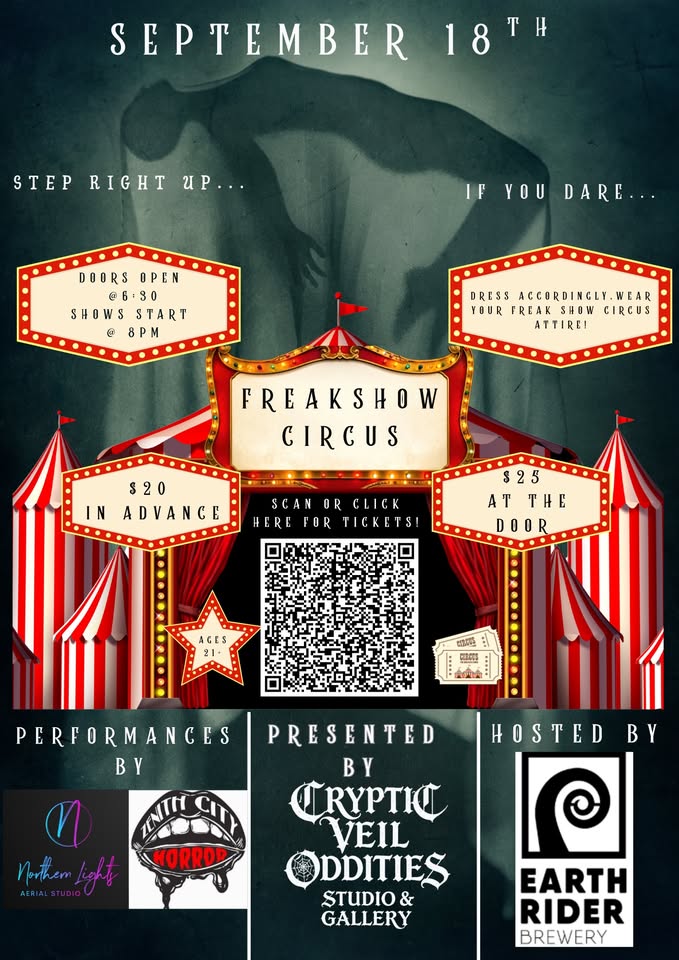 Poster for “Freakshow Circus” on September 18. Red circus tents and spotlights, event details, ticket prices, a QR code, and logos for Earth Rider Brewery, Neon Light, and United City Kordd.