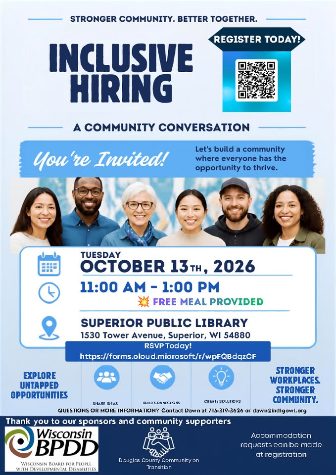 Flyer for “Inclusive Hiring” event at Superior Public Library on October 13, 2026, 11AM–1PM. Features smiling people, RSVP info, and free meal offer. Hosted by Wisconsin BPDD and Douglas County Community on Transition.