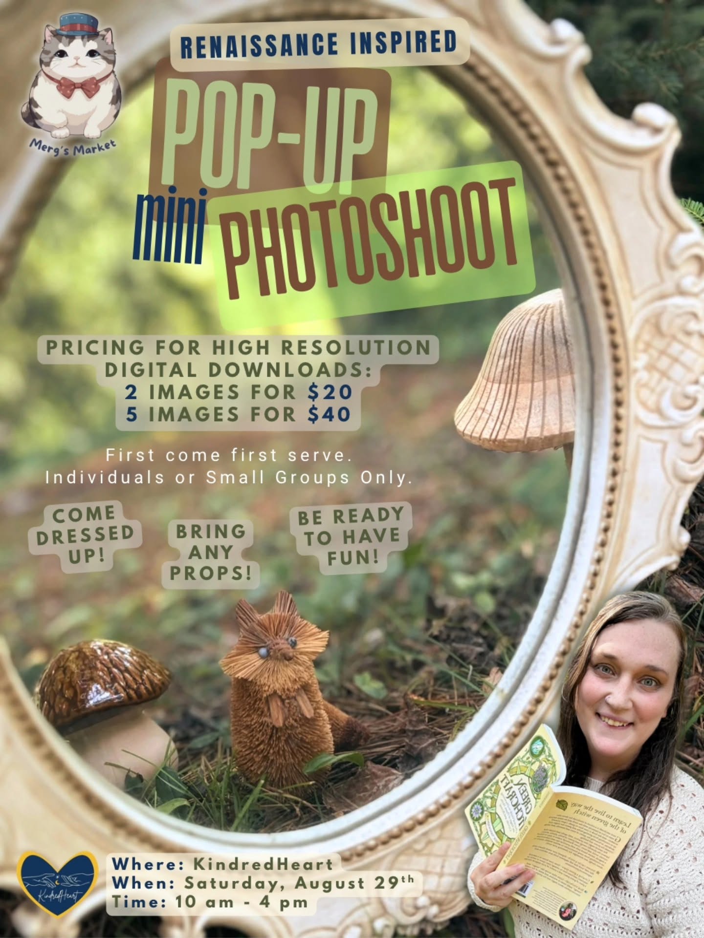 Renaissance-inspired pop-up mini photoshoot flyer with a woman in nature, holding a book, surrounded by animal figurines. Includes pricing, date, time, and event details. “Come dressed up!” and “Bring any props!” are highlighted.