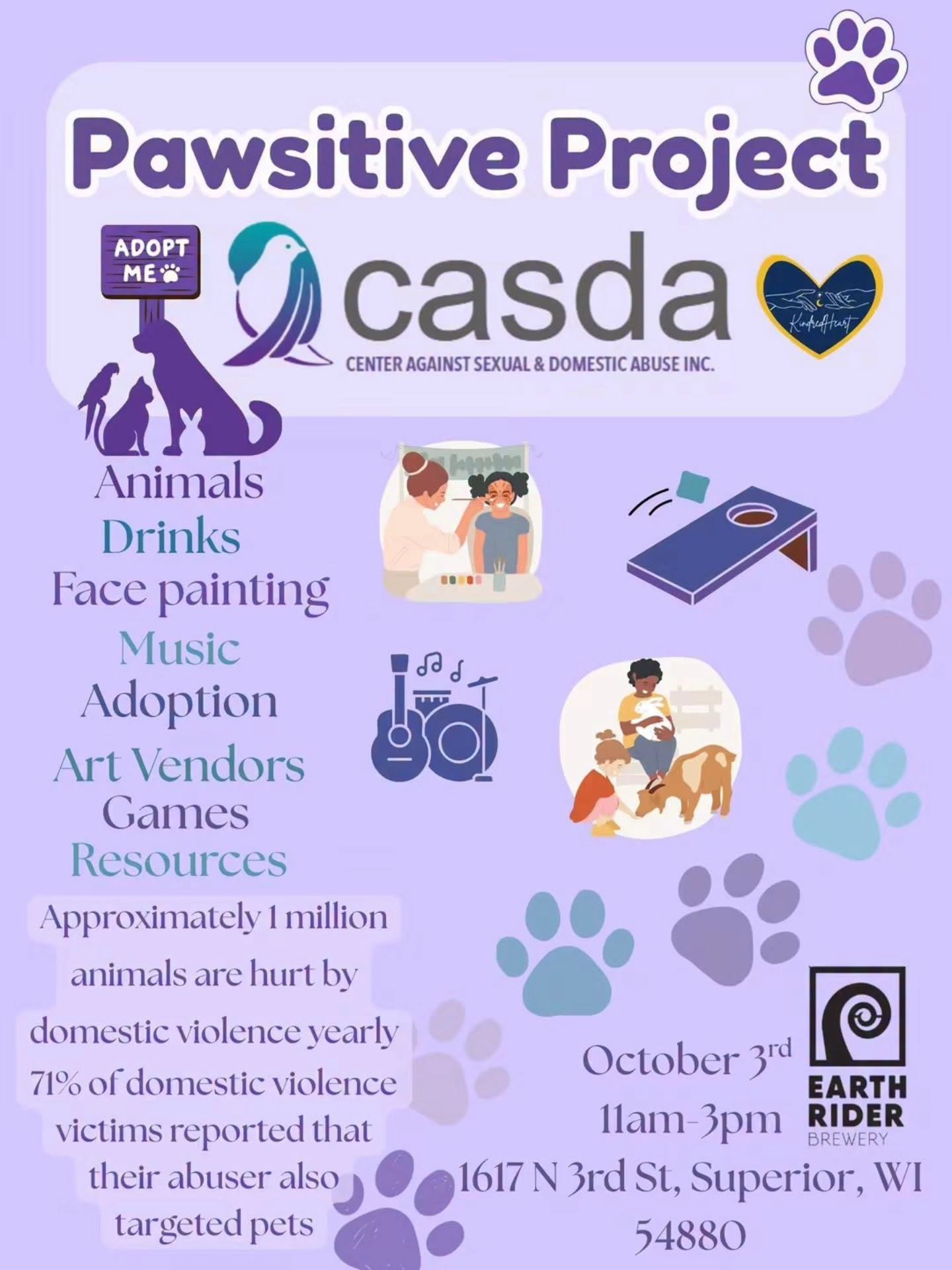 Flyer for “Pawsitive Project” event with event details, logos, animal paw prints, and icons for adoption, music, and art. Hosted October 3rd, 11am–3pm, at Earth Rider Brewery, Superior, WI.
