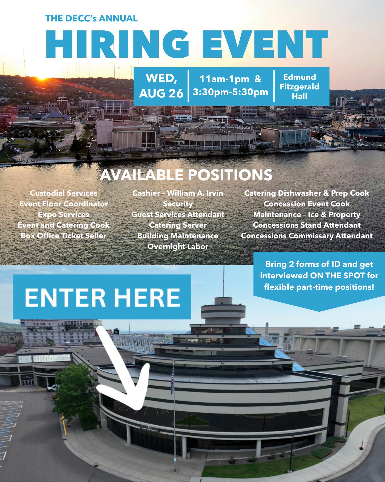 Flyer advertising “The DECC’s Annual Hiring Event” with dates, times, and location. Lists available positions and instructions to bring 2 forms of ID. White arrow points to entrance of a round building.