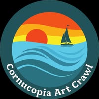 A sailboat on blue water with an orange sunset in the background, enclosed in a circle. “Cornucopia Art Crawl” is written around the edge.