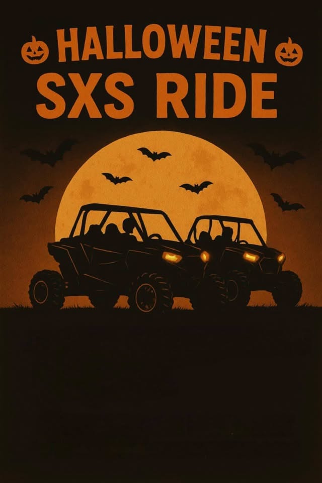Two side-by-side vehicles in silhouette drive in front of a large orange moon with bats, jack-o’-lanterns, and the words “HALLOWEEN SXS RIDE” above them. The scene has a spooky, festive atmosphere.
