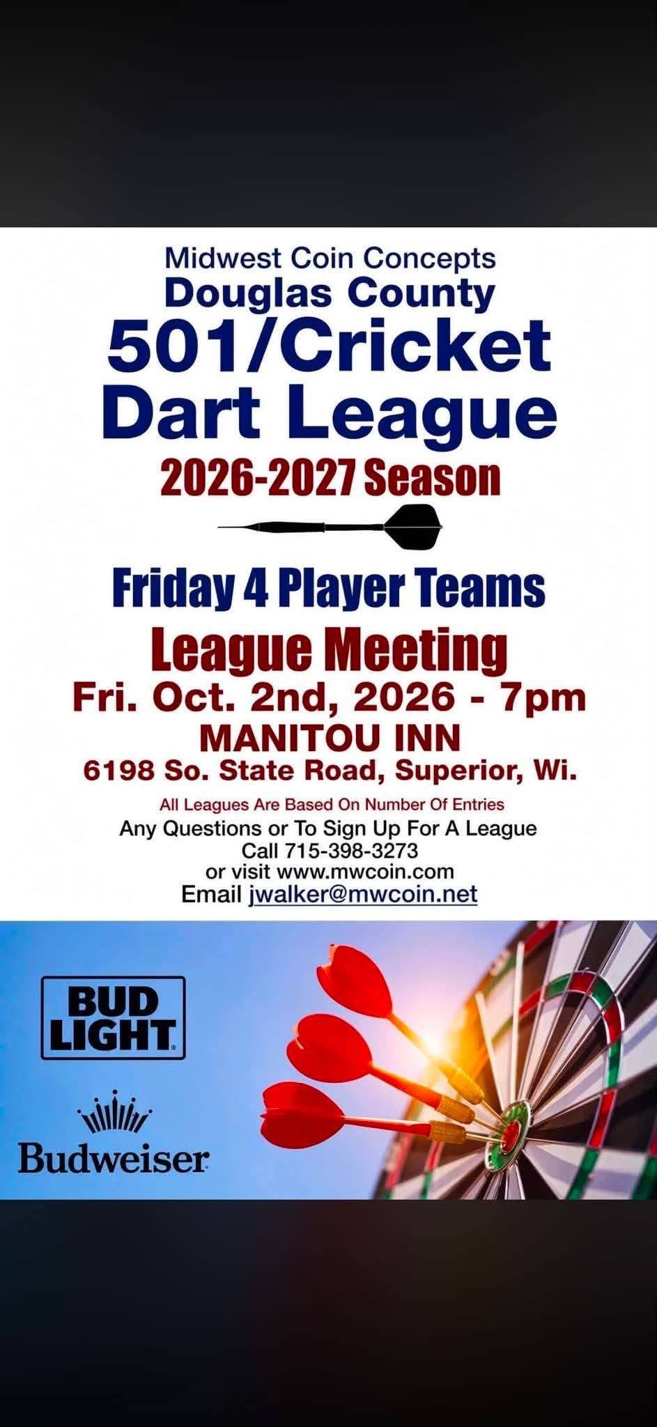 Flyer for Douglas County 501/Cricket Dart League 2026-2027 season. League meeting on Oct 2, 2026, 7pm at Manitou Inn, Superior, WI. Contact info and sponsor logos included.