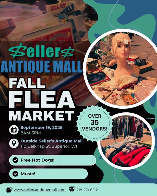 Flyer for Seller’s Antique Mall Fall Flea Market on September 19, 2026, with vendor tables, vintage items, and mannequin head. Event features free hot dogs and music. Location and contact info included.