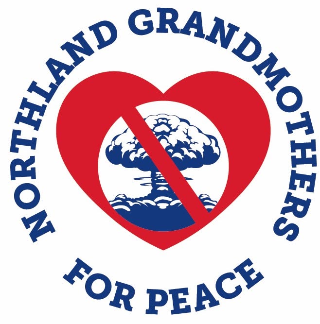 A red heart with a crossed-out nuclear explosion inside, surrounded by the words “Northland Grandmothers for Peace” in blue letters.