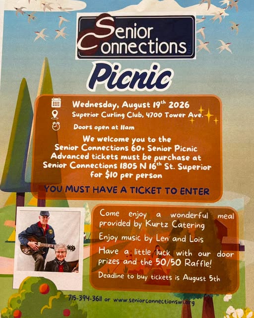 Flyer for “Senior Connections Picnic” on August 19, 2026, with event details, ticket info, a raffle, music, meal, a tree border, and photos of seniors. Contact info and RSVP deadline listed at the bottom.