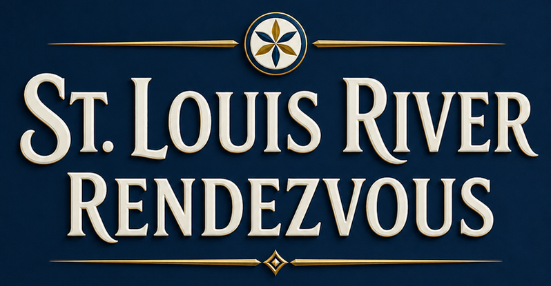 Text reads “St. Louis River Rendezvous” in large white font on a blue background, with gold decorative lines and a circular flower-like emblem at the top.