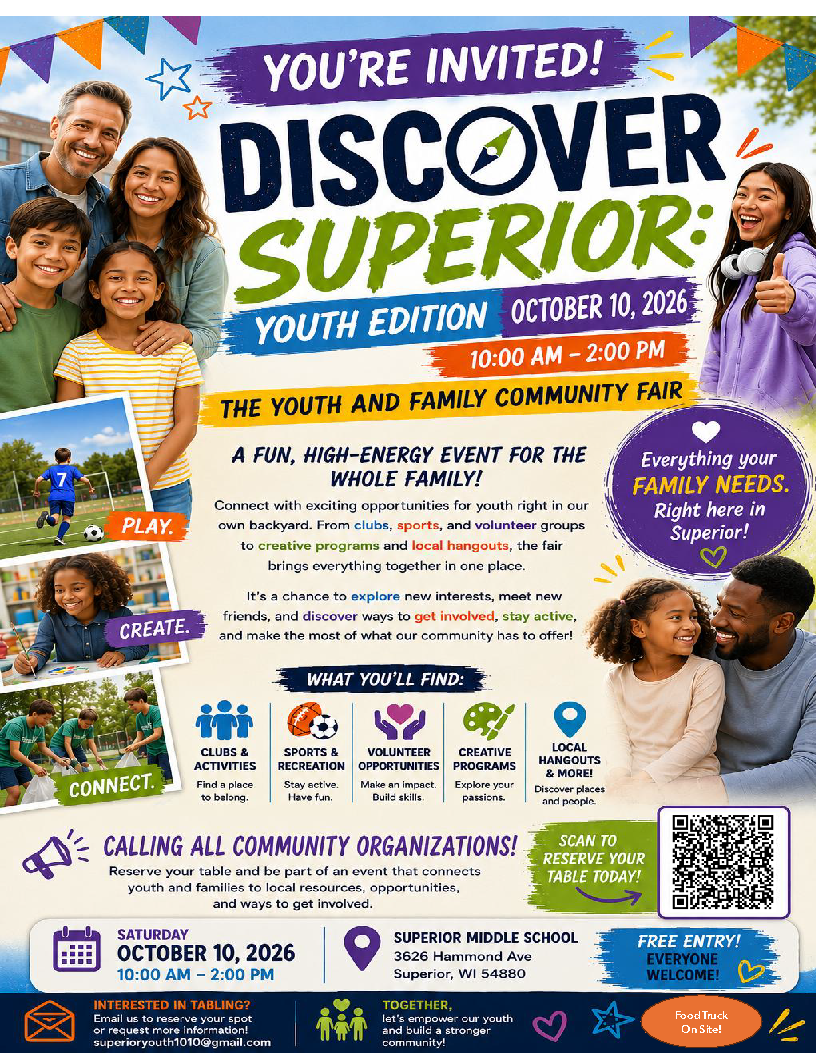 Flyer for “Discover Superior: Youth Edition,” a family fair on October 10, 2026, with games, activities, food, and resources at Superior Middle School, 10 AM–2 PM. Smiling families and bright, playful graphics are shown.