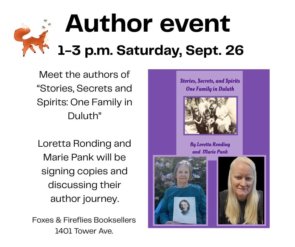 Author event flyer with text details, book cover, and two author photos. Event is on Saturday, Sept. 26, 1–3 p.m., at Foxes & Fireflies Booksellers, featuring Loretta Ronding and Marie Pank.