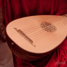 A close-up of a lute, a string instrument with a rounded body and intricate rosette, resting on a red velvet cloth.