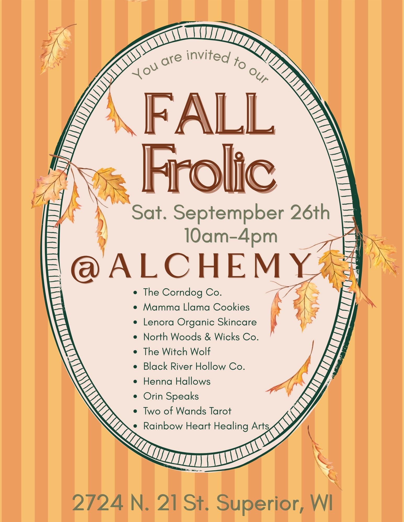 Fall Frolic event poster with autumn leaves, event details, and a list of vendors on a striped background. Event is at Alchemy, 2724 N. 21 St., Superior, WI, on September 26th from 10am to 4pm.
