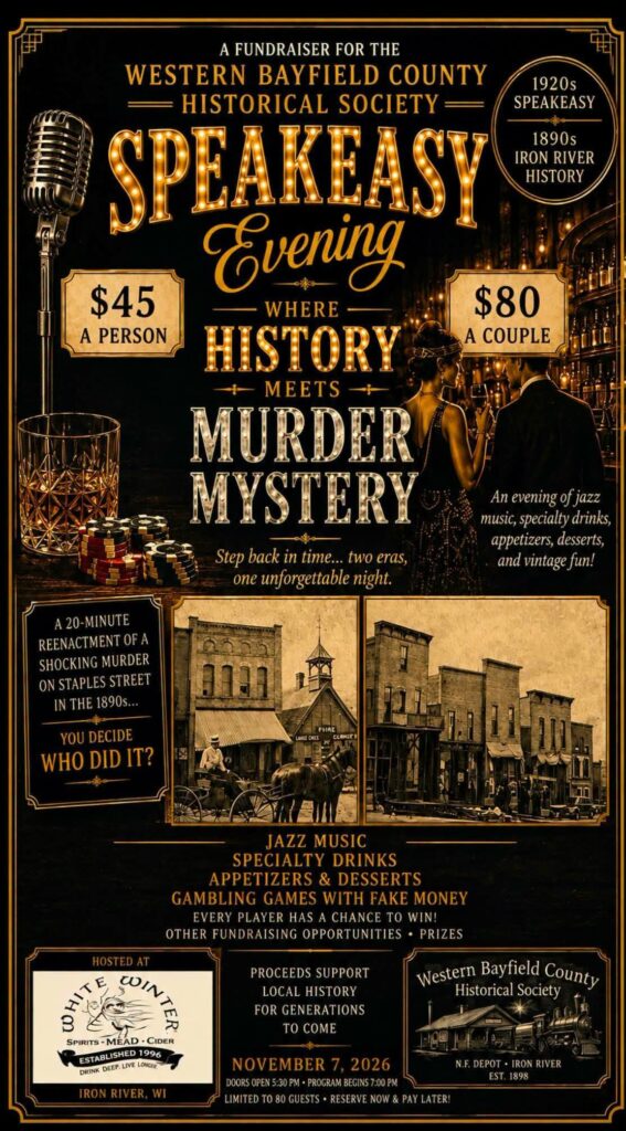 Poster for a 1920s speakeasy-themed fundraiser event with vintage decor, jazz musicians, a microphone, and event details, including ticket prices, date, and mention of murder mystery and historical society.