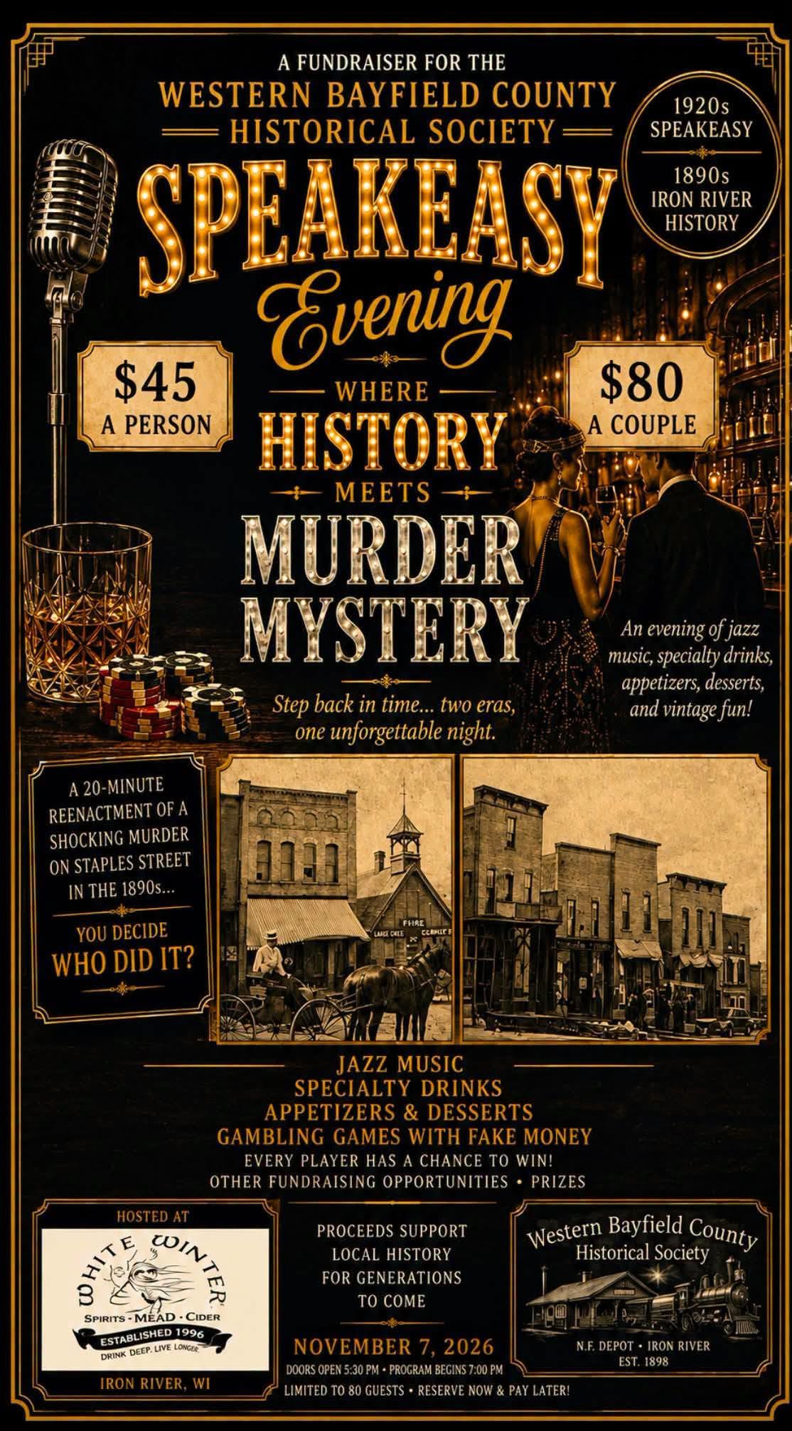Poster for a 1920s speakeasy-themed fundraiser event with vintage decor, jazz musicians, a microphone, and event details, including ticket prices, date, and mention of murder mystery and historical society.